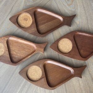 Mid-Century Modern Teak+Cork Coaster/Snack Tray Set